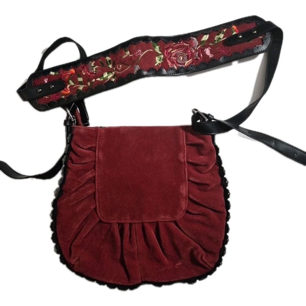 Corduroy Adjustable Crossbody Bag Crimson With Flower Emboidery Minelli